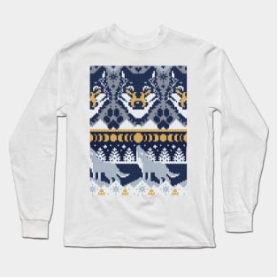 Fair isle knitting grey wolf // pattern // navy blue and grey wolves yellow moons and pine trees Long Sleeve T-Shirt